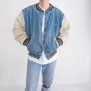 Vintage '90S Gear For Sports BMW Blue & Tan Denim Button Up Bomber Jacket L